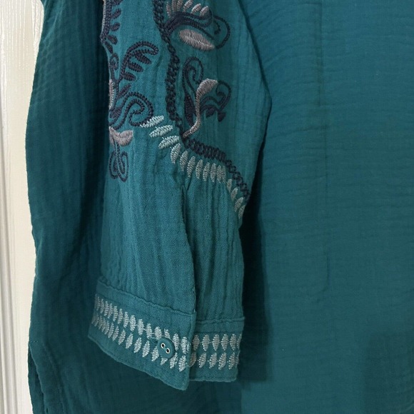 Johnny Was NWOT Merrick Embroidered Button Down Shirt Gauze Tunic Teal Green - Picture 7 of 8